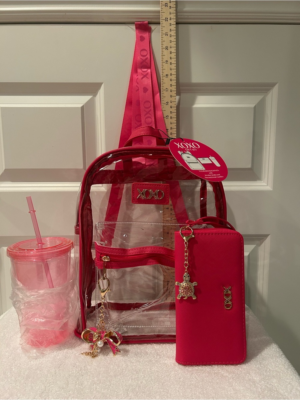 XOXO Clear Pink Backpack With Removable Charms Matching Wallet and Tumbler